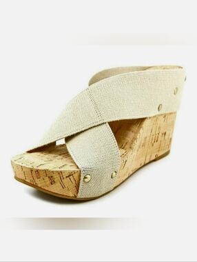 Like New Lucky Brand Women's Miller 2 Linen Strap Cork Wedge Sandals Tan Size 7M